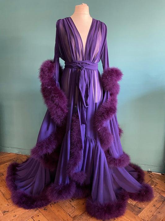 Chiffon Dressing Gown with Marabou Feather Trim in Aubergine