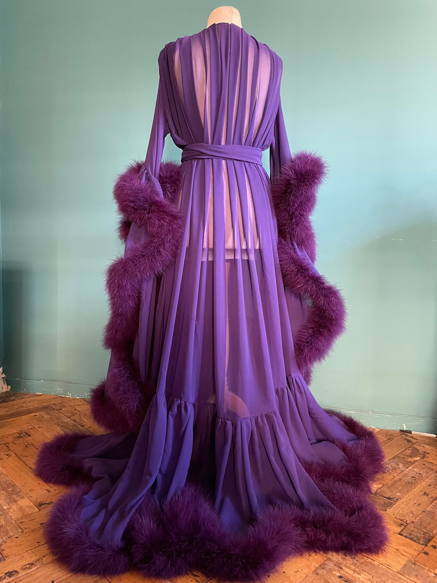 Chiffon Dressing Gown with Marabou Feather Trim in Aubergine