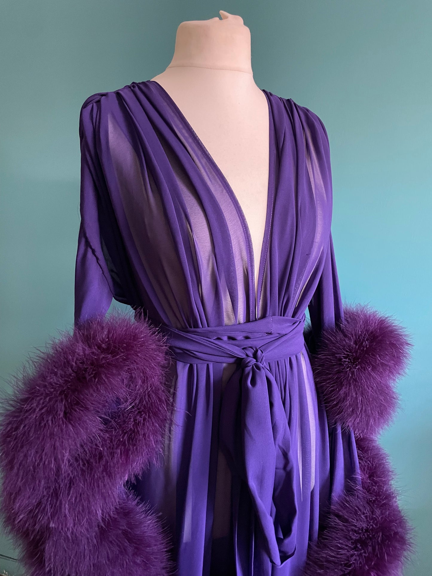 Chiffon Dressing Gown with Marabou Feather Trim in Aubergine