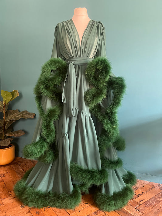 Chiffon Dressing Gown with Marabou Trim in Forest Green