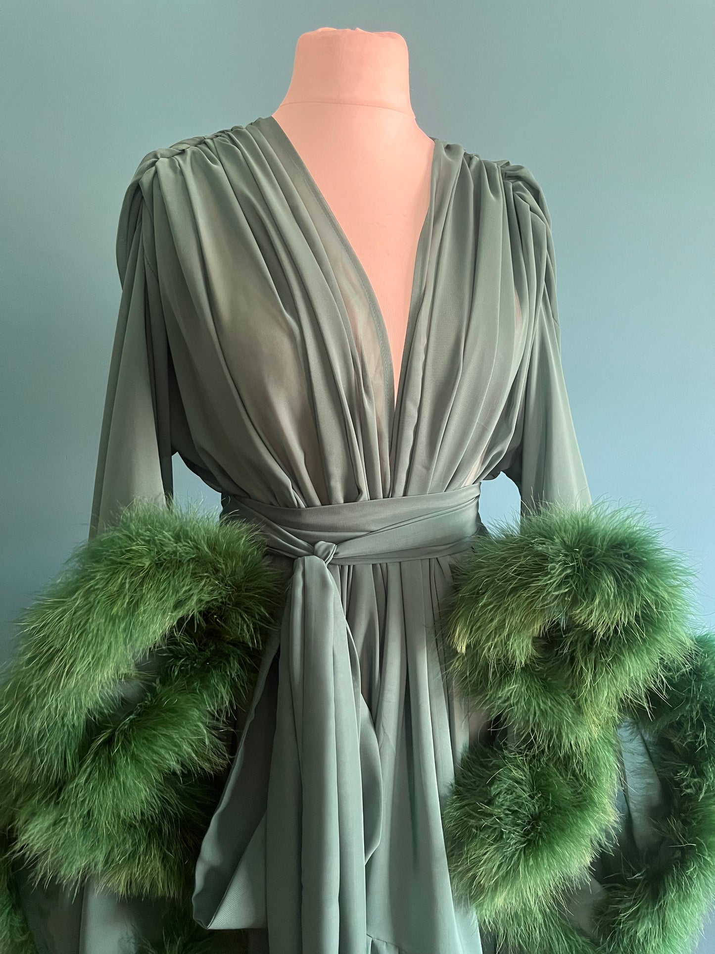 Chiffon Dressing Gown with Marabou Trim in Forest Green