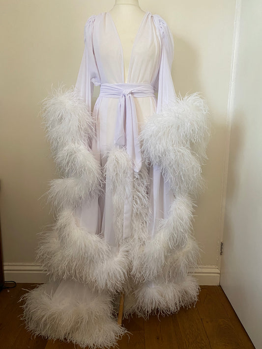 Chiffon Dressing Gown with Ostrich Feather Trim in White