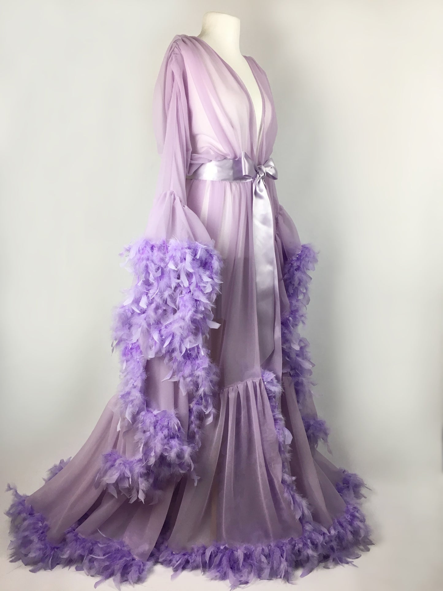 Chiffon Dressing Gown with Chandelle Feather Trim in Lilac