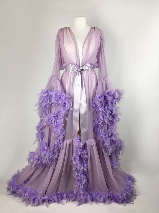 Chiffon Dressing Gown with Chandelle Feather Trim in Lilac