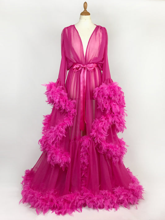 Chiffon Dressing Gown with Chandelle Feather Trim in Hot Pink