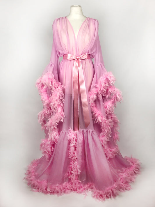 Chiffon Dressing Gown with Chandelle Feather Trim in Baby Pink