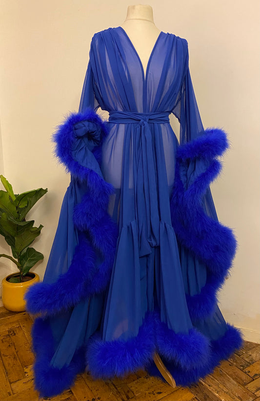 Chiffon Dressing Gown with Marabou Trim in Royal Blue