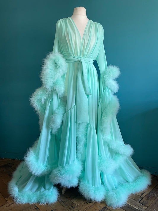 Chiffon Dressing Gown with Marabou Feather Trim in Mint Green