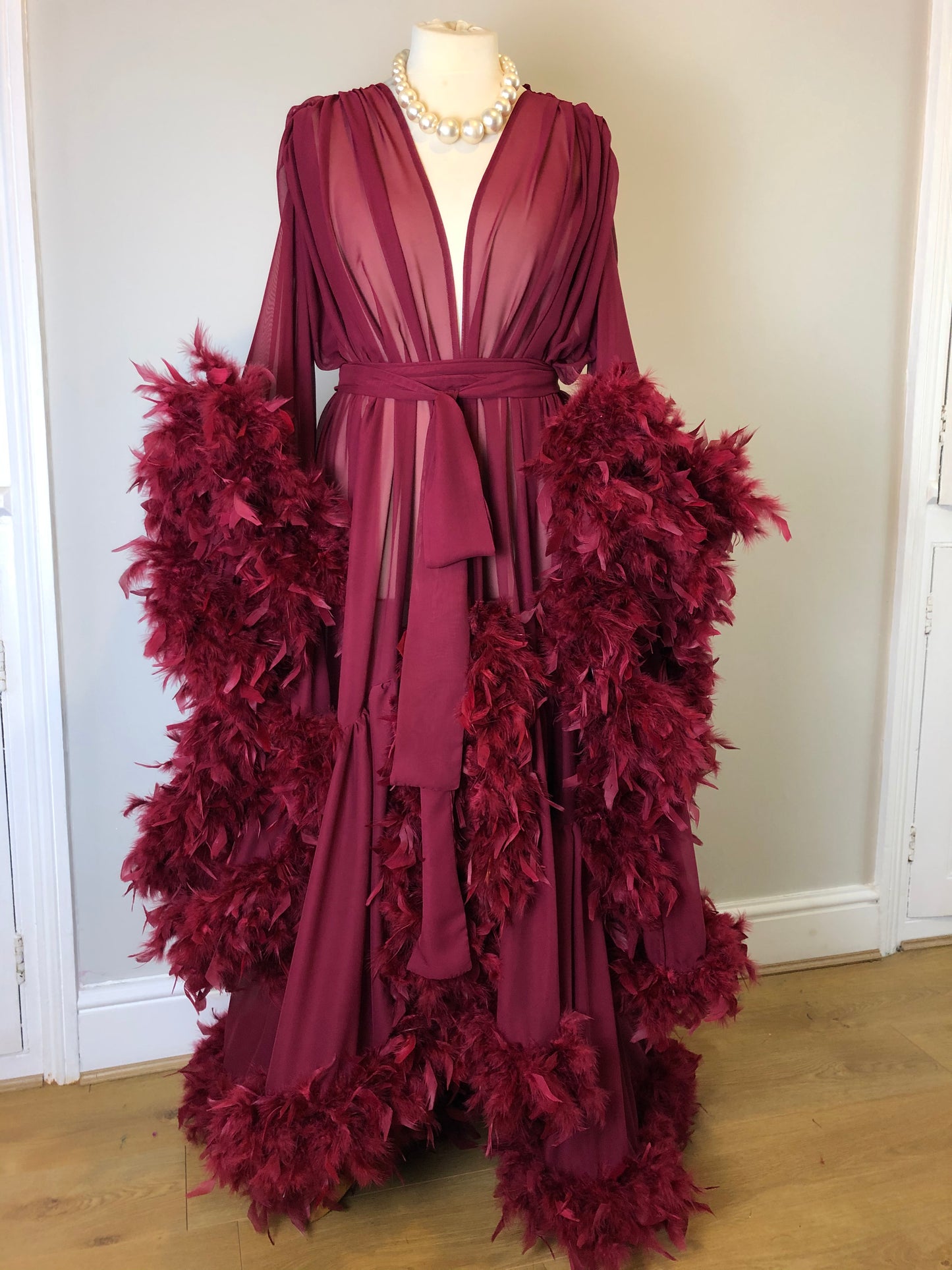 Chiffon Dressing Gown with Chandelle Feather Trim in Wine