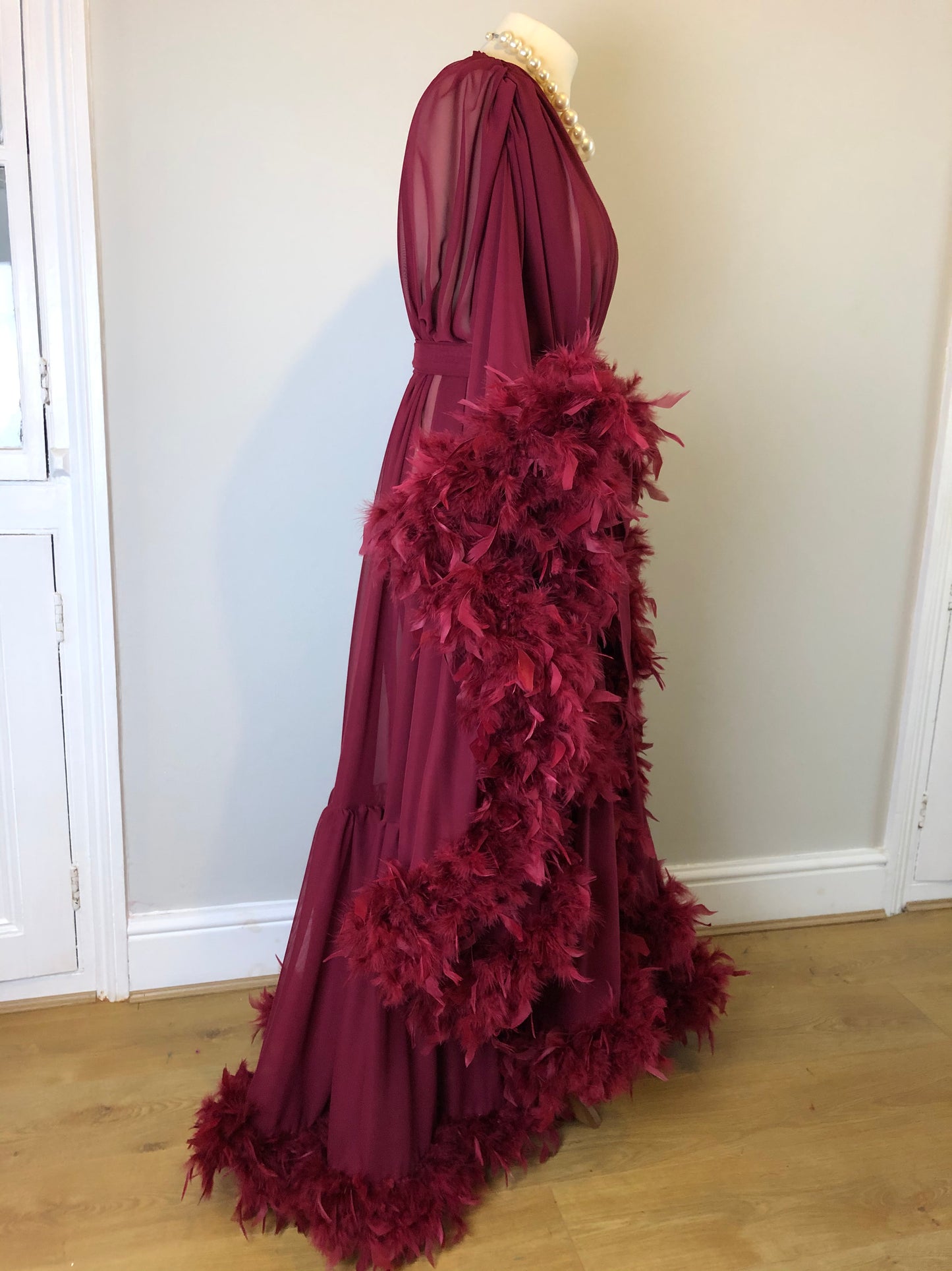 Chiffon Dressing Gown with Chandelle Feather Trim in Wine