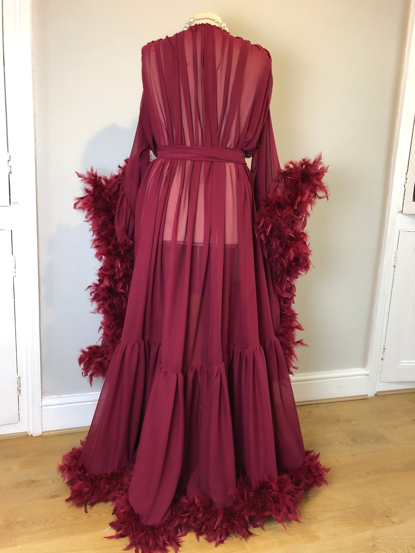 Chiffon Dressing Gown with Chandelle Feather Trim in Wine