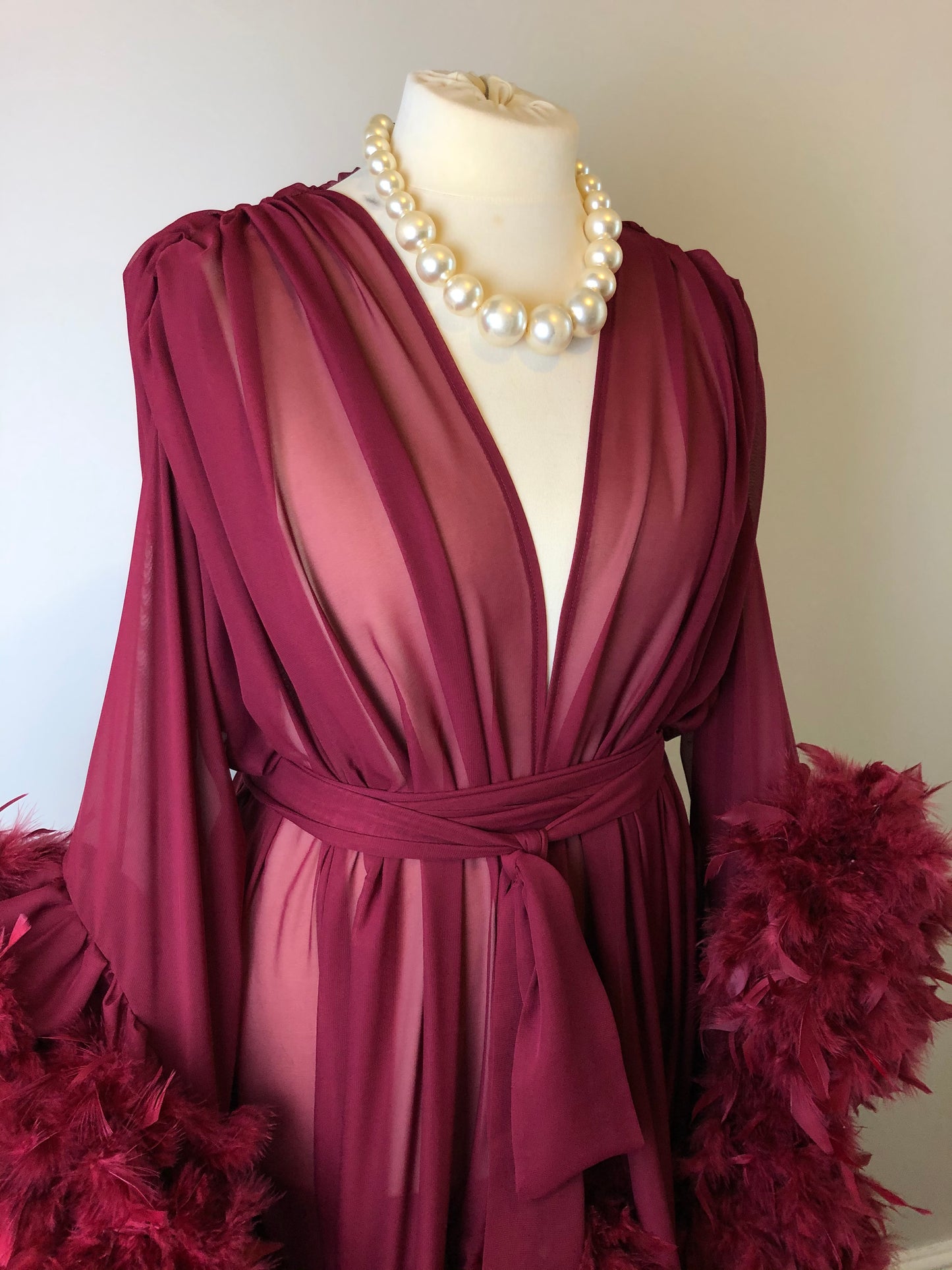 Chiffon Dressing Gown with Chandelle Feather Trim in Wine