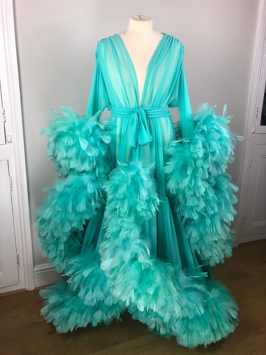 Chiffon Dressing Gown with Extra Large Feather Trim in Tiffany Blue