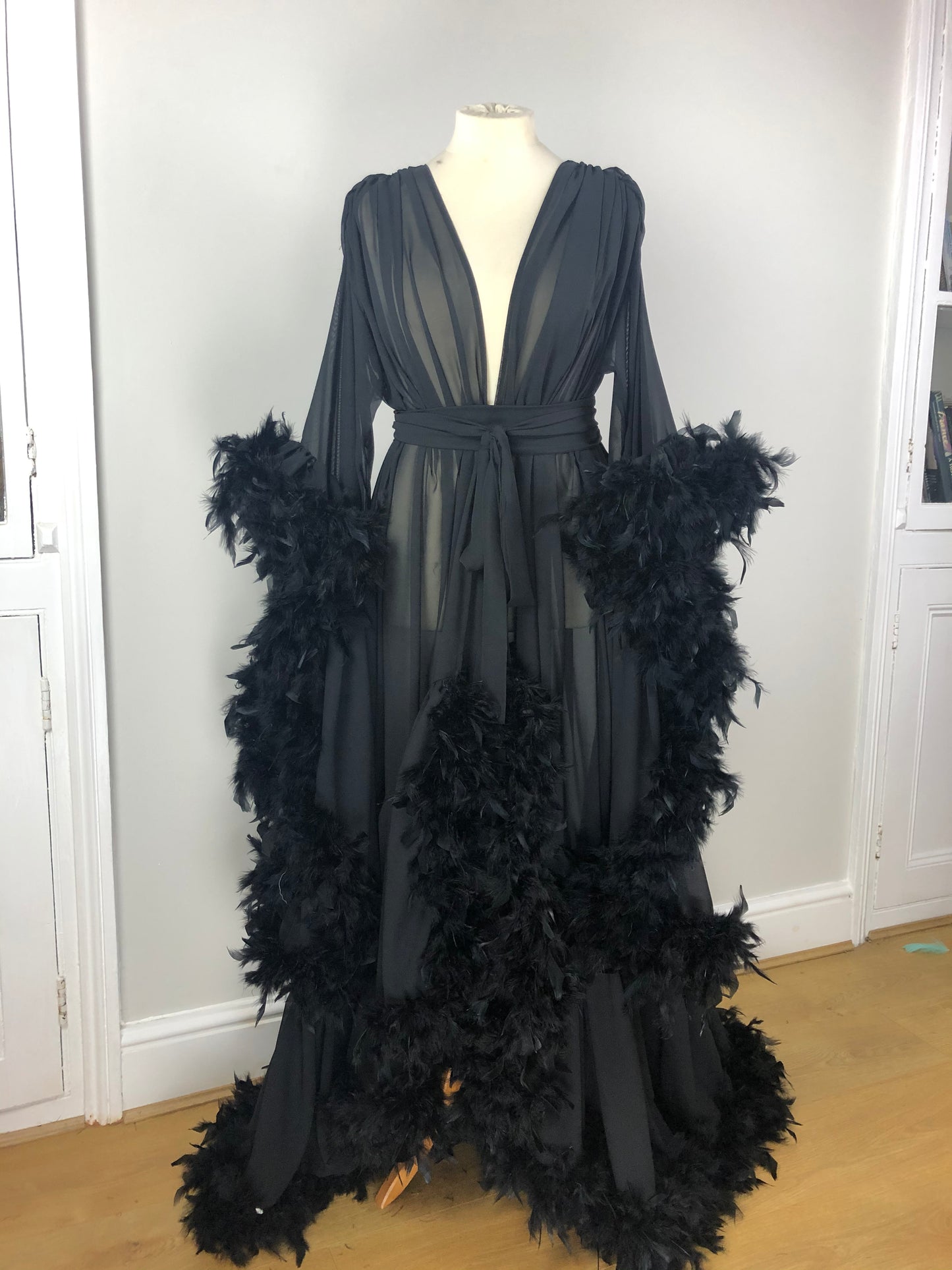 Chiffon Dressing Gown with Chandelle Feather Trim in Black