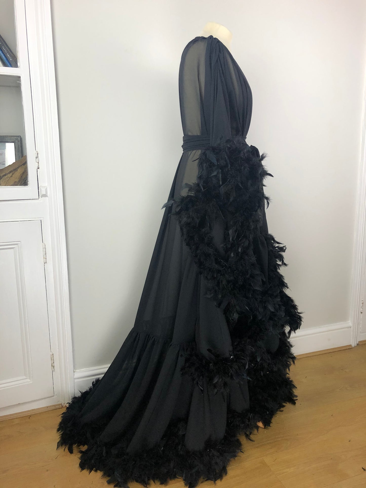 Chiffon Dressing Gown with Chandelle Feather Trim in Black