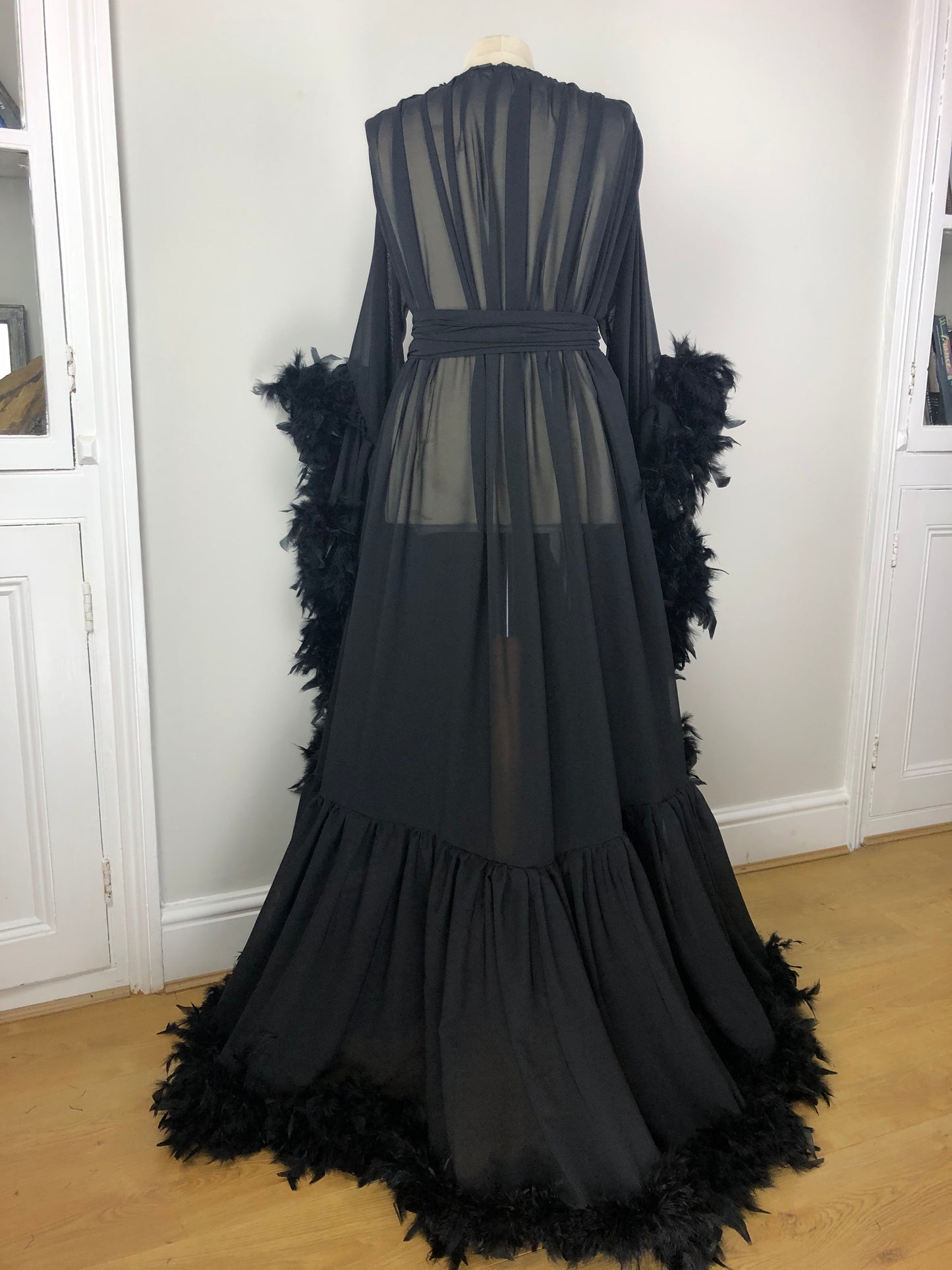 Chiffon Dressing Gown with Chandelle Feather Trim in Black