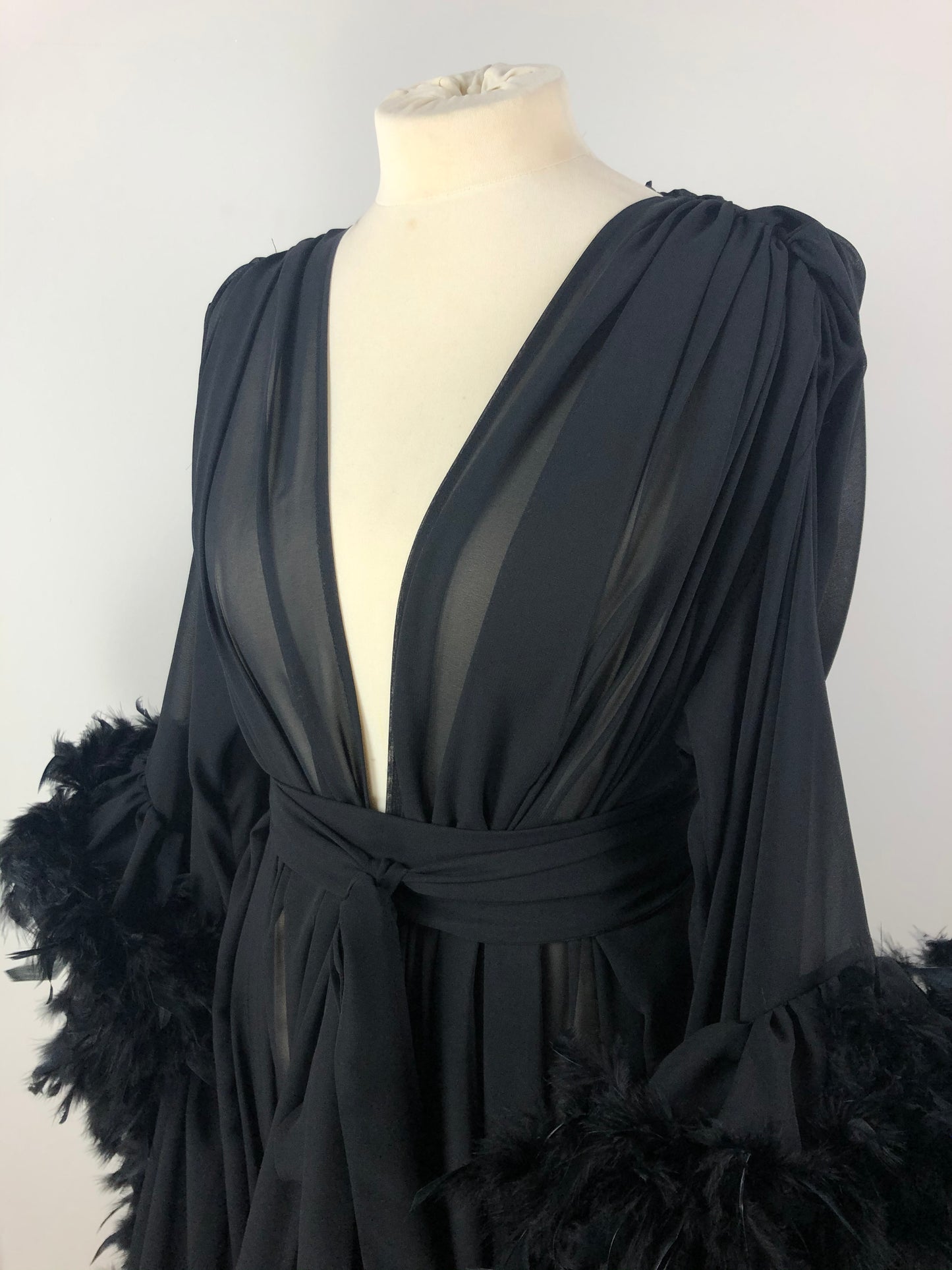 Chiffon Dressing Gown with Chandelle Feather Trim in Black