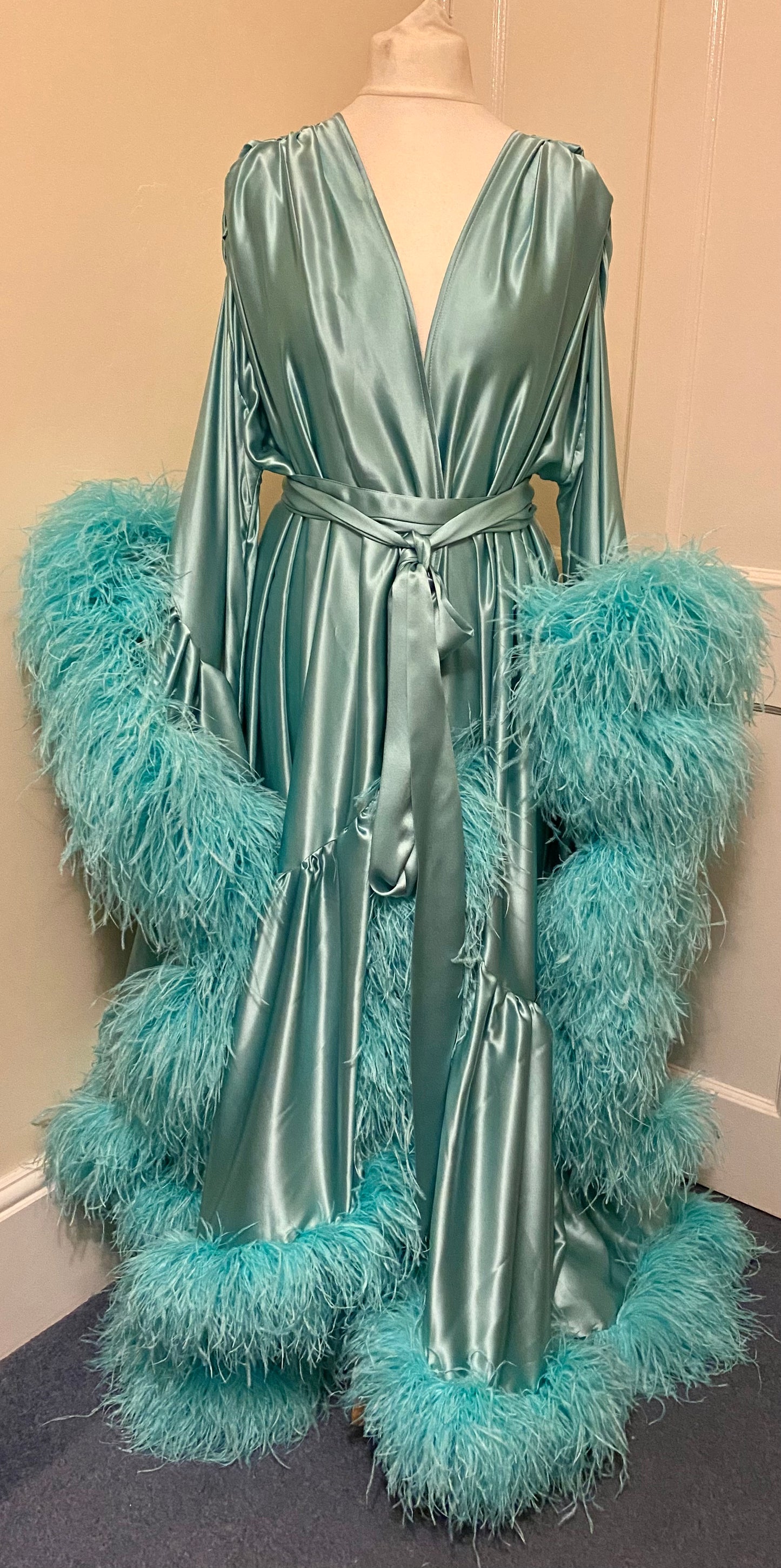 Silk Satin Dressing Gown with Ostrich Feather Trim in Lagoon Breeze