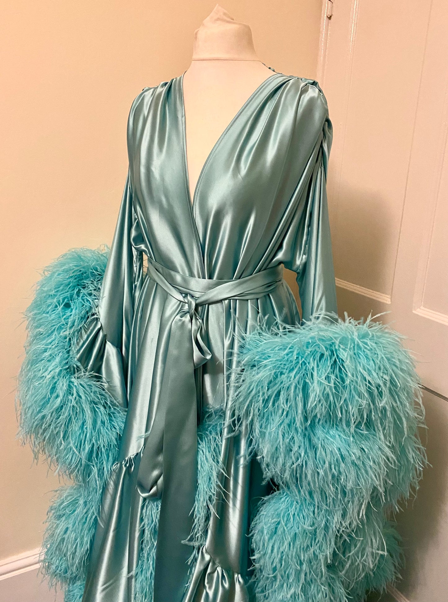 Silk Satin Dressing Gown with Ostrich Feather Trim in Lagoon Breeze