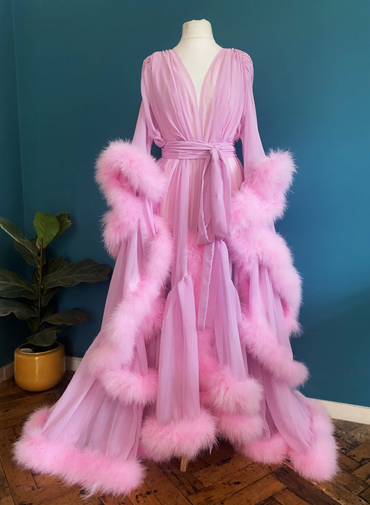 Chiffon Dressing Gown with Marabou Feather Trim in Baby Pink