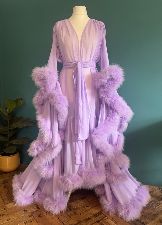 Chiffon Dressing Gown with Marabou Feather Trim in Aubergine